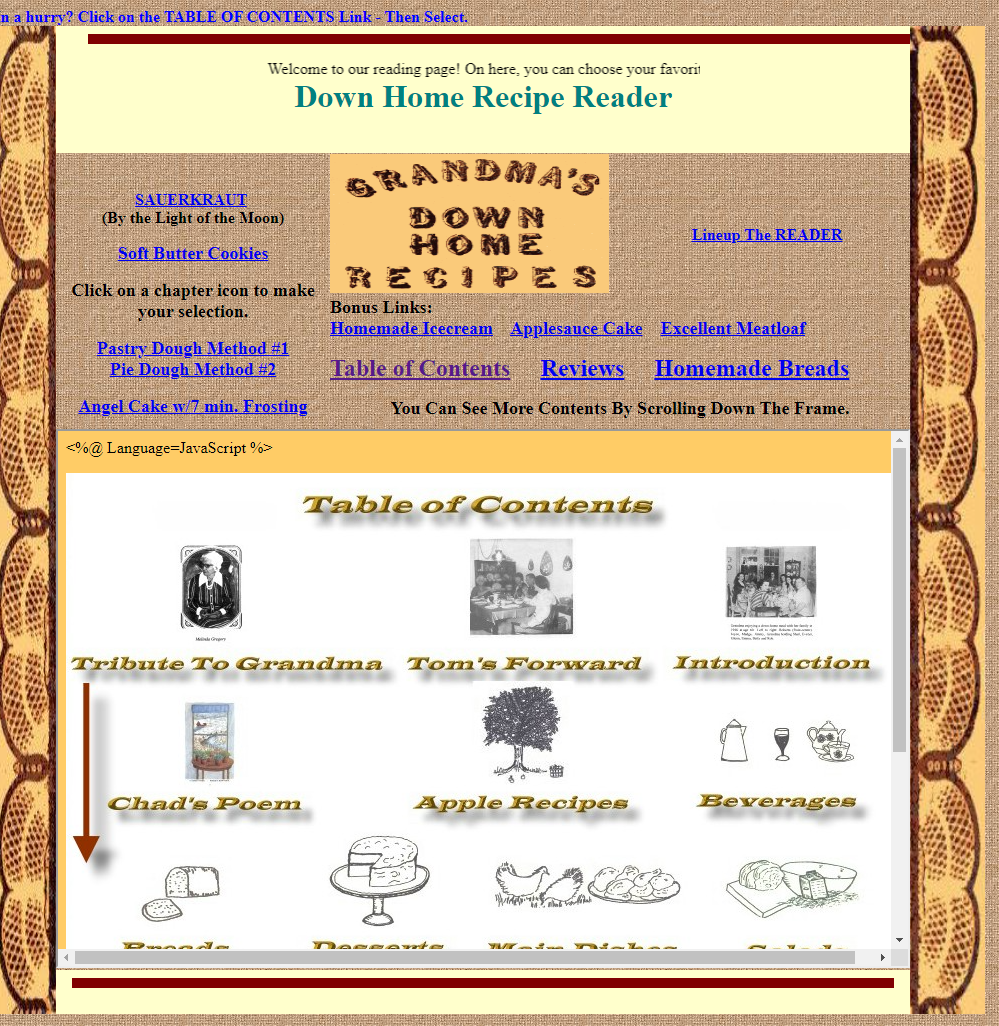 Grandma's Downhome Recipe Reader in HTML.